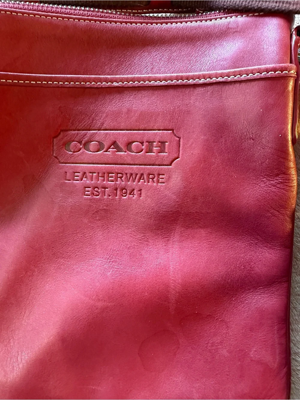 Coach Burgundy Leather Messenger Crossbody with Brown Strap